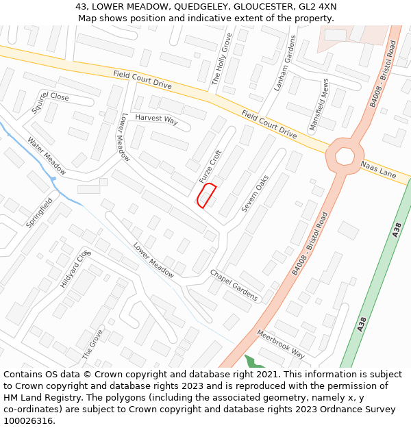 43, LOWER MEADOW, QUEDGELEY, GLOUCESTER, GL2 4XN: Location map and indicative extent of plot