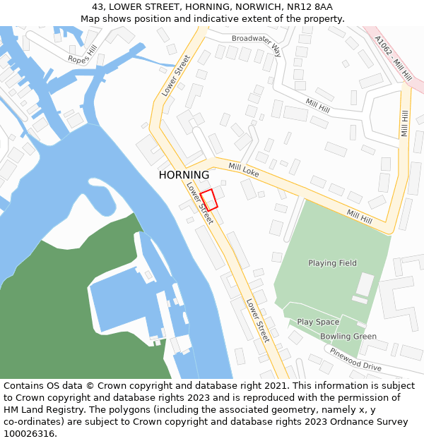 43, LOWER STREET, HORNING, NORWICH, NR12 8AA: Location map and indicative extent of plot