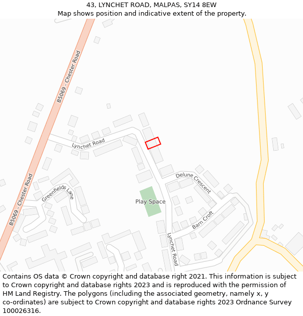 43, LYNCHET ROAD, MALPAS, SY14 8EW: Location map and indicative extent of plot