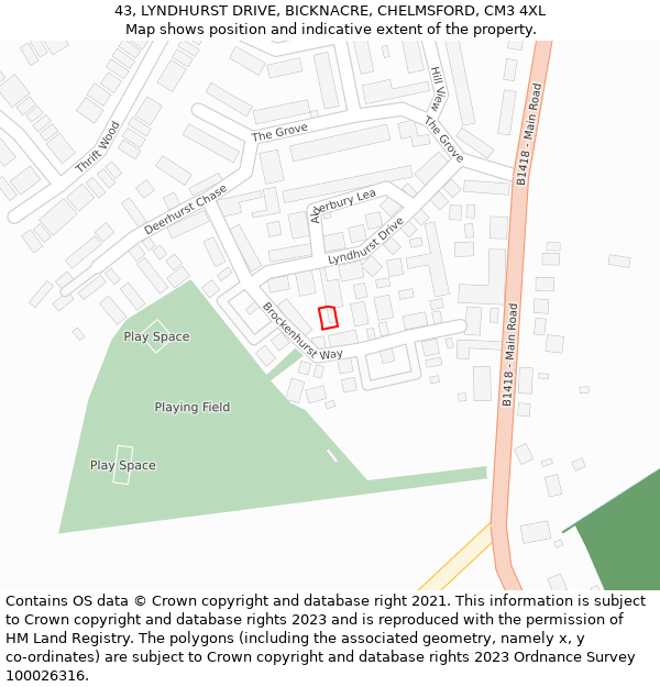 43, LYNDHURST DRIVE, BICKNACRE, CHELMSFORD, CM3 4XL: Location map and indicative extent of plot