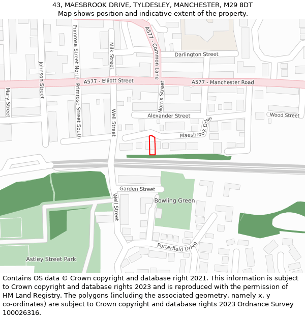 43, MAESBROOK DRIVE, TYLDESLEY, MANCHESTER, M29 8DT: Location map and indicative extent of plot