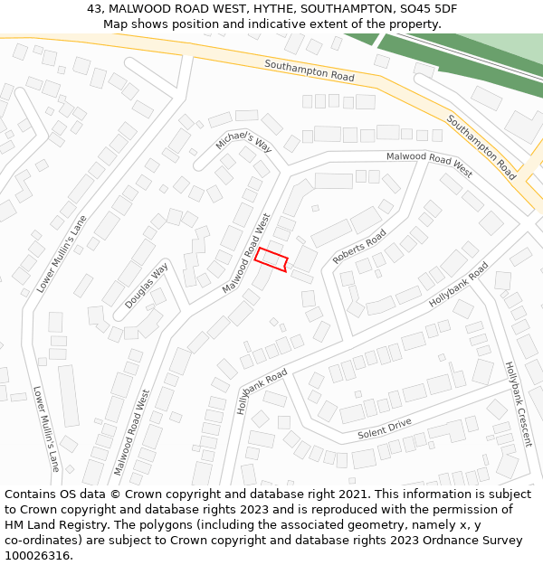 43, MALWOOD ROAD WEST, HYTHE, SOUTHAMPTON, SO45 5DF: Location map and indicative extent of plot