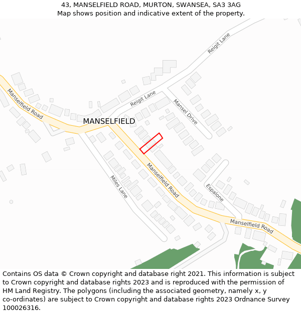 43, MANSELFIELD ROAD, MURTON, SWANSEA, SA3 3AG: Location map and indicative extent of plot