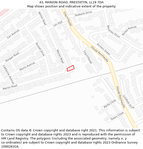 43, MARION ROAD, PRESTATYN, LL19 7DA: Location map and indicative extent of plot