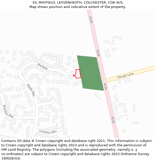 43, MAYFIELD, LEAVENHEATH, COLCHESTER, CO6 4US: Location map and indicative extent of plot