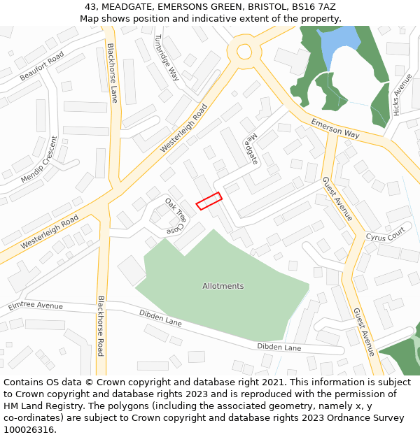 43, MEADGATE, EMERSONS GREEN, BRISTOL, BS16 7AZ: Location map and indicative extent of plot