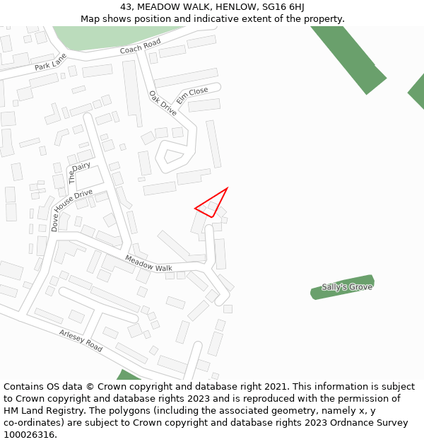 43, MEADOW WALK, HENLOW, SG16 6HJ: Location map and indicative extent of plot