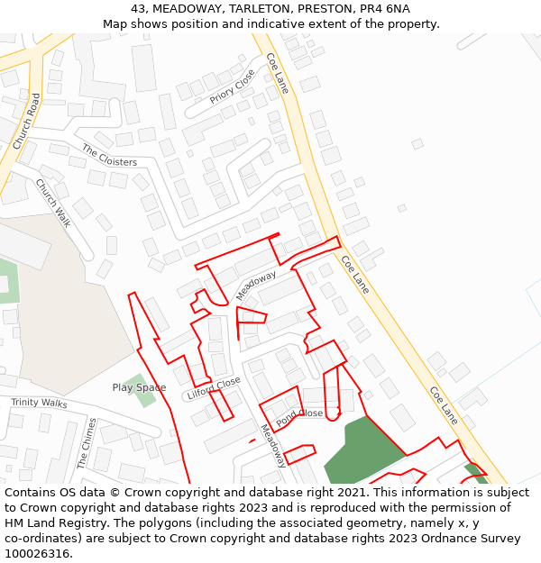 43, MEADOWAY, TARLETON, PRESTON, PR4 6NA: Location map and indicative extent of plot