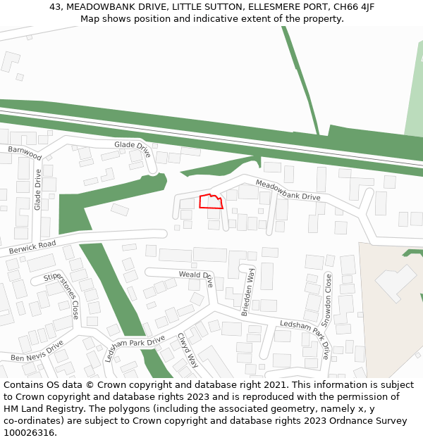 43, MEADOWBANK DRIVE, LITTLE SUTTON, ELLESMERE PORT, CH66 4JF: Location map and indicative extent of plot