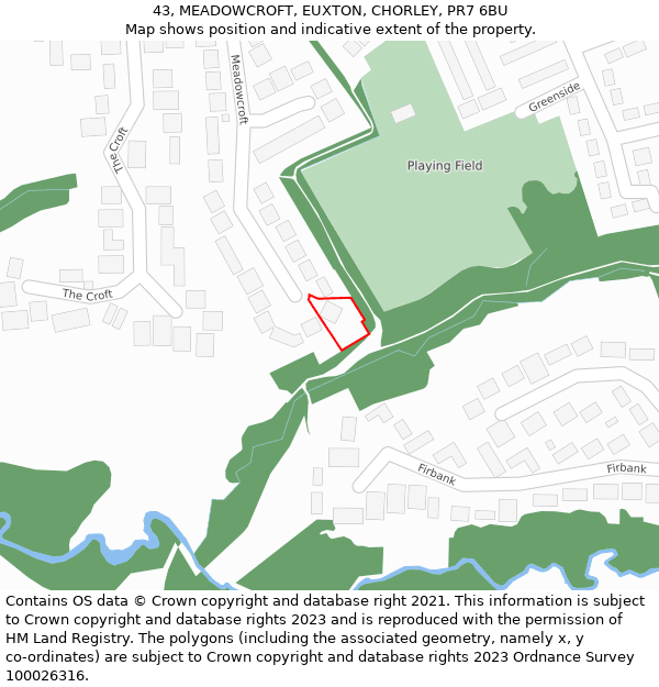 43, MEADOWCROFT, EUXTON, CHORLEY, PR7 6BU: Location map and indicative extent of plot