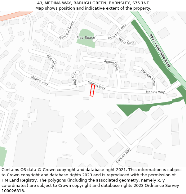 43, MEDINA WAY, BARUGH GREEN, BARNSLEY, S75 1NF: Location map and indicative extent of plot