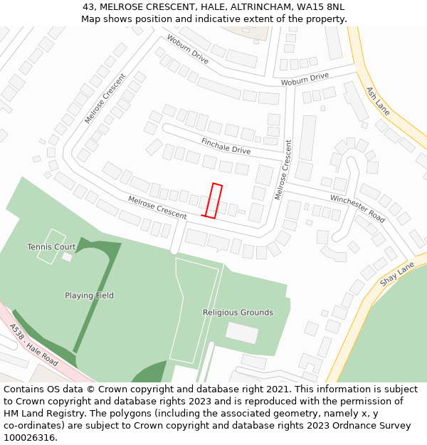 43, MELROSE CRESCENT, HALE, ALTRINCHAM, WA15 8NL: Location map and indicative extent of plot