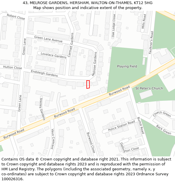 43, MELROSE GARDENS, HERSHAM, WALTON-ON-THAMES, KT12 5HG: Location map and indicative extent of plot