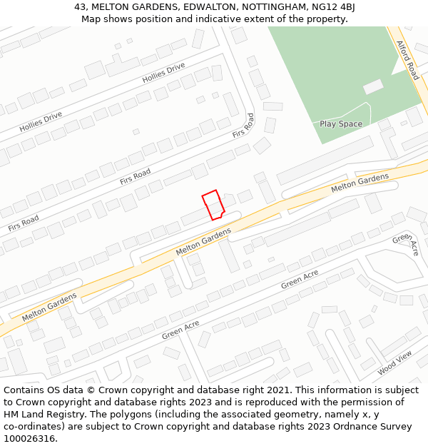 43, MELTON GARDENS, EDWALTON, NOTTINGHAM, NG12 4BJ: Location map and indicative extent of plot