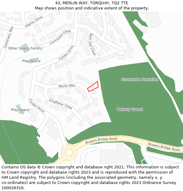 43, MERLIN WAY, TORQUAY, TQ2 7TE: Location map and indicative extent of plot