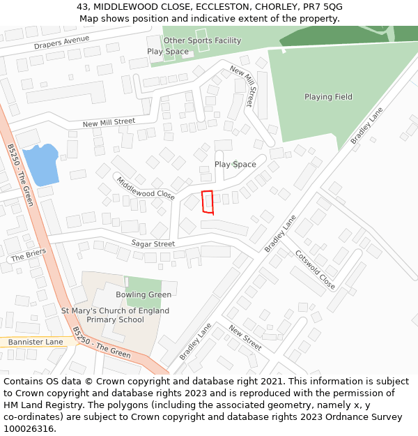 43, MIDDLEWOOD CLOSE, ECCLESTON, CHORLEY, PR7 5QG: Location map and indicative extent of plot