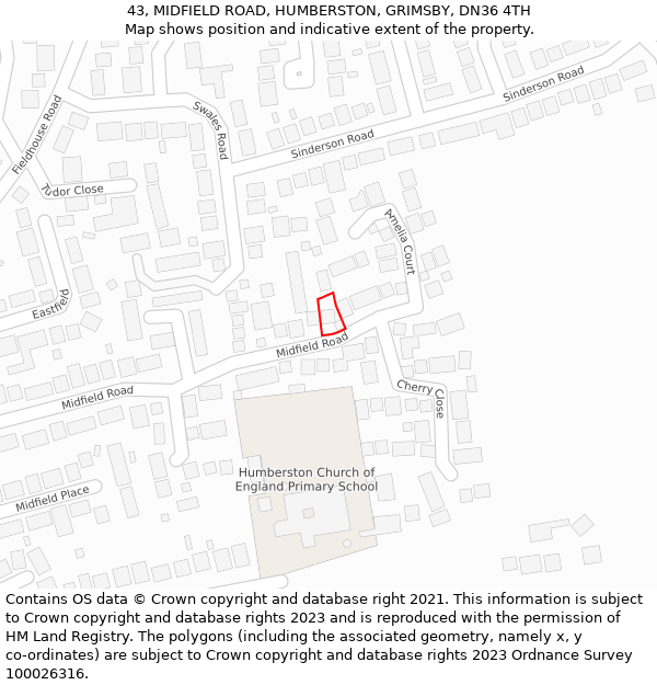 43, MIDFIELD ROAD, HUMBERSTON, GRIMSBY, DN36 4TH: Location map and indicative extent of plot