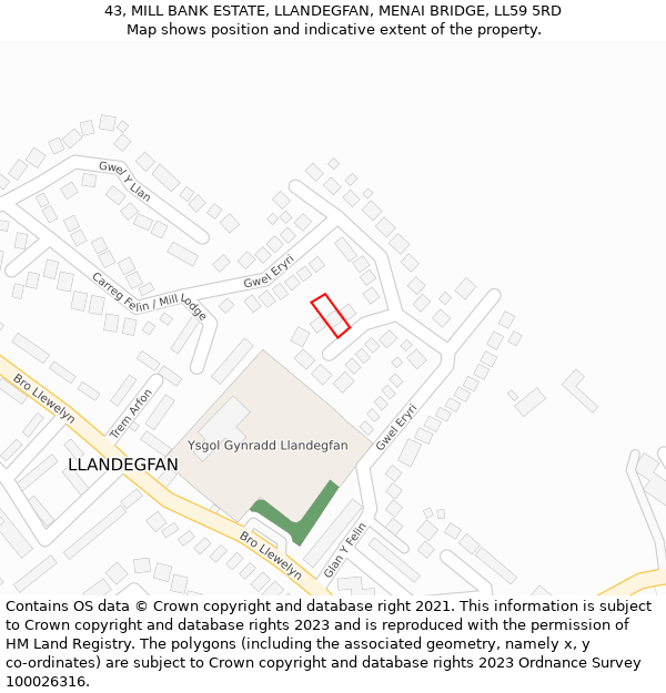 43, MILL BANK ESTATE, LLANDEGFAN, MENAI BRIDGE, LL59 5RD: Location map and indicative extent of plot