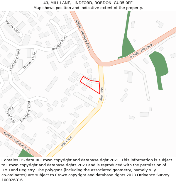 43, MILL LANE, LINDFORD, BORDON, GU35 0PE: Location map and indicative extent of plot