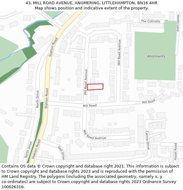 43, MILL ROAD AVENUE, ANGMERING, LITTLEHAMPTON, BN16 4HR: Location map and indicative extent of plot