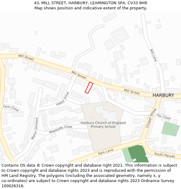 43, MILL STREET, HARBURY, LEAMINGTON SPA, CV33 9HR: Location map and indicative extent of plot