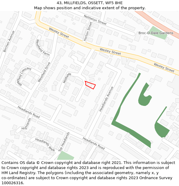 43, MILLFIELDS, OSSETT, WF5 8HE: Location map and indicative extent of plot