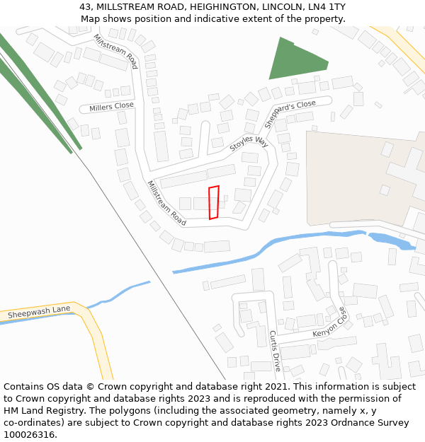 43, MILLSTREAM ROAD, HEIGHINGTON, LINCOLN, LN4 1TY: Location map and indicative extent of plot