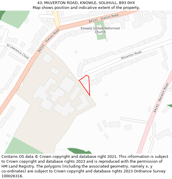 43, MILVERTON ROAD, KNOWLE, SOLIHULL, B93 0HX: Location map and indicative extent of plot