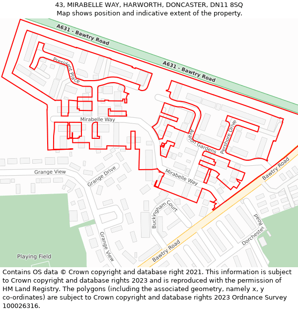 43, MIRABELLE WAY, HARWORTH, DONCASTER, DN11 8SQ: Location map and indicative extent of plot