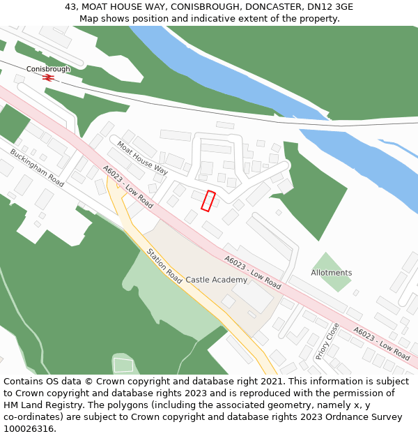 43, MOAT HOUSE WAY, CONISBROUGH, DONCASTER, DN12 3GE: Location map and indicative extent of plot