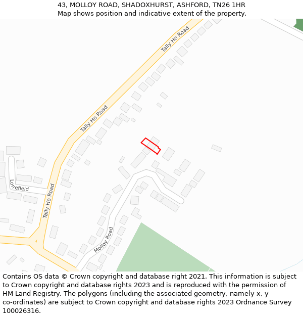 43, MOLLOY ROAD, SHADOXHURST, ASHFORD, TN26 1HR: Location map and indicative extent of plot