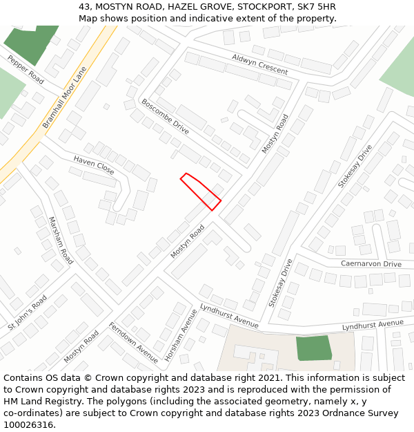 43, MOSTYN ROAD, HAZEL GROVE, STOCKPORT, SK7 5HR: Location map and indicative extent of plot