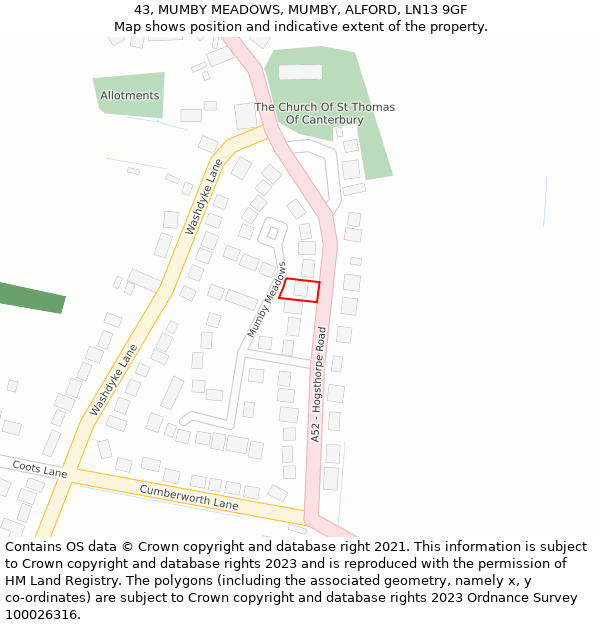 43, MUMBY MEADOWS, MUMBY, ALFORD, LN13 9GF: Location map and indicative extent of plot