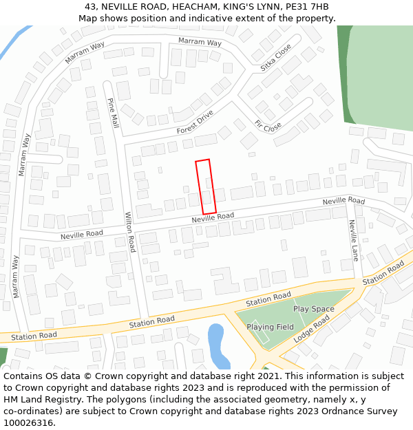 43, NEVILLE ROAD, HEACHAM, KING'S LYNN, PE31 7HB: Location map and indicative extent of plot