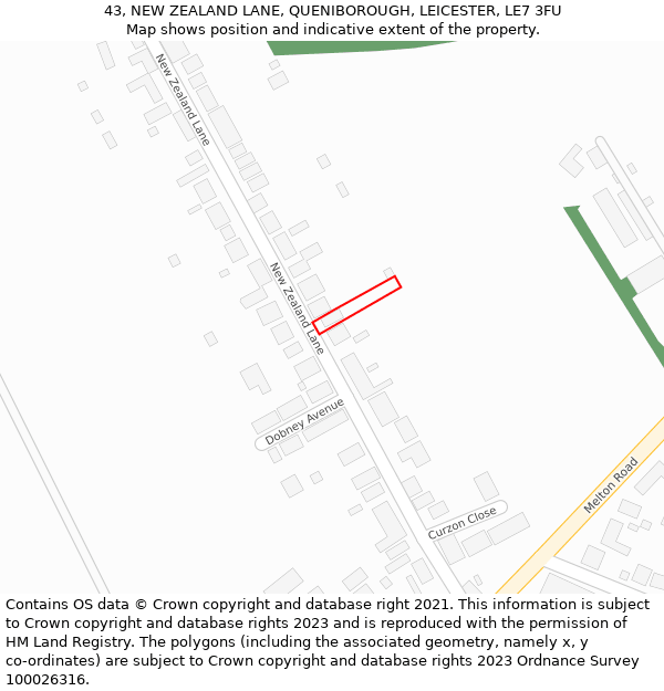 43, NEW ZEALAND LANE, QUENIBOROUGH, LEICESTER, LE7 3FU: Location map and indicative extent of plot