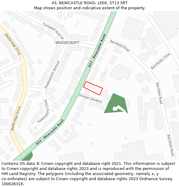 43, NEWCASTLE ROAD, LEEK, ST13 5RT: Location map and indicative extent of plot