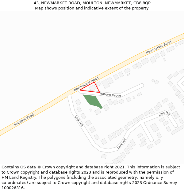 43, NEWMARKET ROAD, MOULTON, NEWMARKET, CB8 8QP: Location map and indicative extent of plot