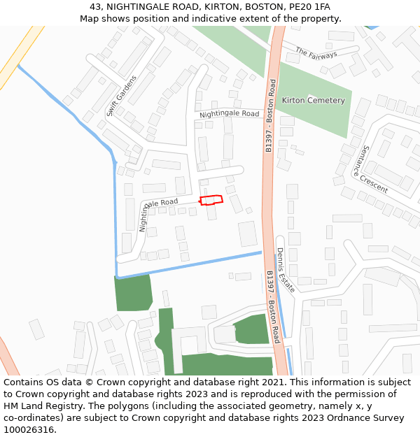 43, NIGHTINGALE ROAD, KIRTON, BOSTON, PE20 1FA: Location map and indicative extent of plot