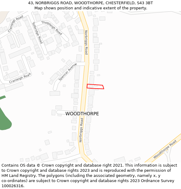 43, NORBRIGGS ROAD, WOODTHORPE, CHESTERFIELD, S43 3BT: Location map and indicative extent of plot