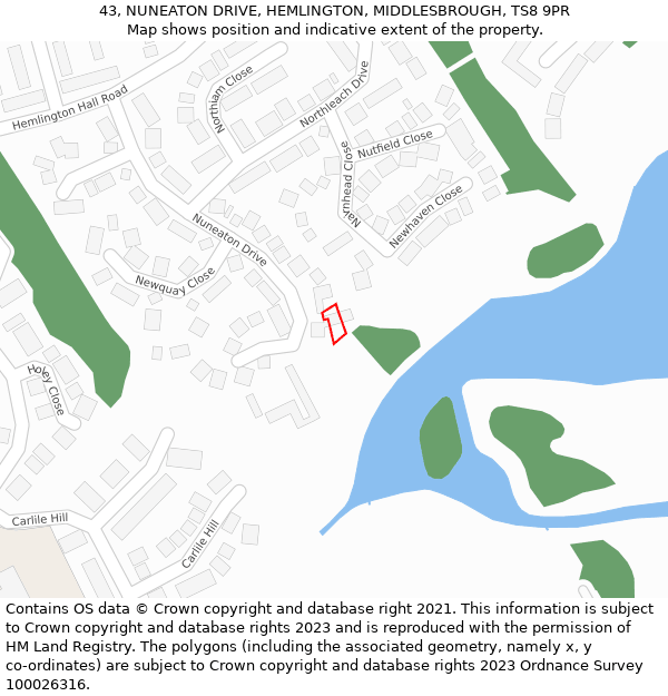 43, NUNEATON DRIVE, HEMLINGTON, MIDDLESBROUGH, TS8 9PR: Location map and indicative extent of plot