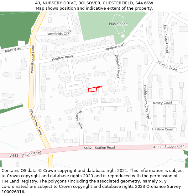 43, NURSERY DRIVE, BOLSOVER, CHESTERFIELD, S44 6SW: Location map and indicative extent of plot