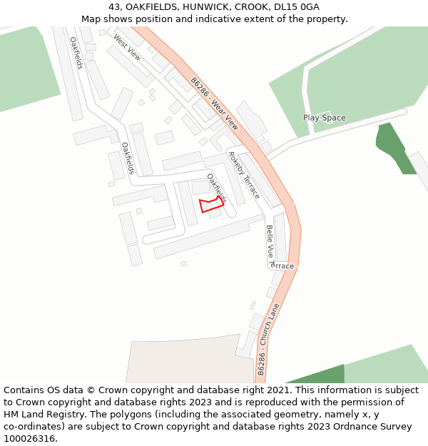 43, OAKFIELDS, HUNWICK, CROOK, DL15 0GA: Location map and indicative extent of plot