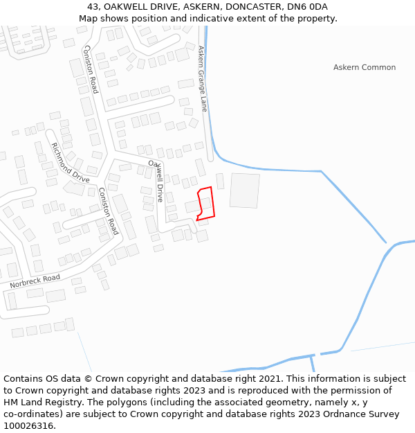 43, OAKWELL DRIVE, ASKERN, DONCASTER, DN6 0DA: Location map and indicative extent of plot