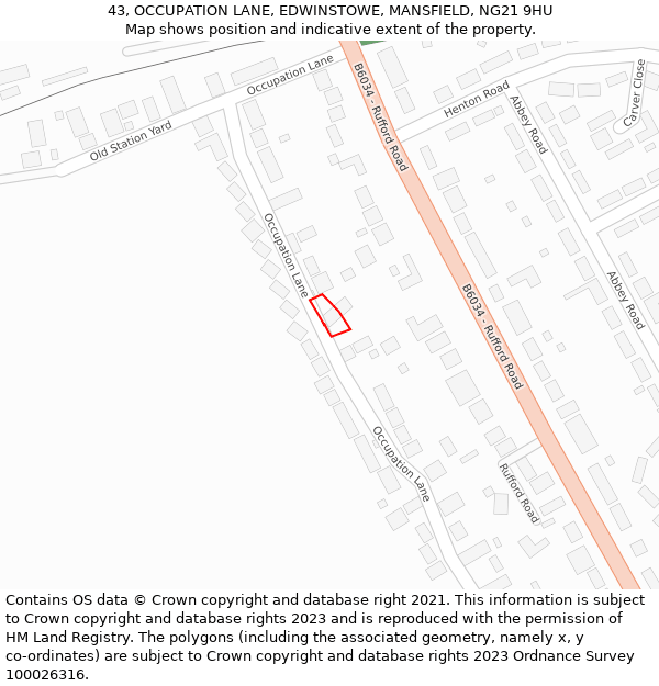 43, OCCUPATION LANE, EDWINSTOWE, MANSFIELD, NG21 9HU: Location map and indicative extent of plot