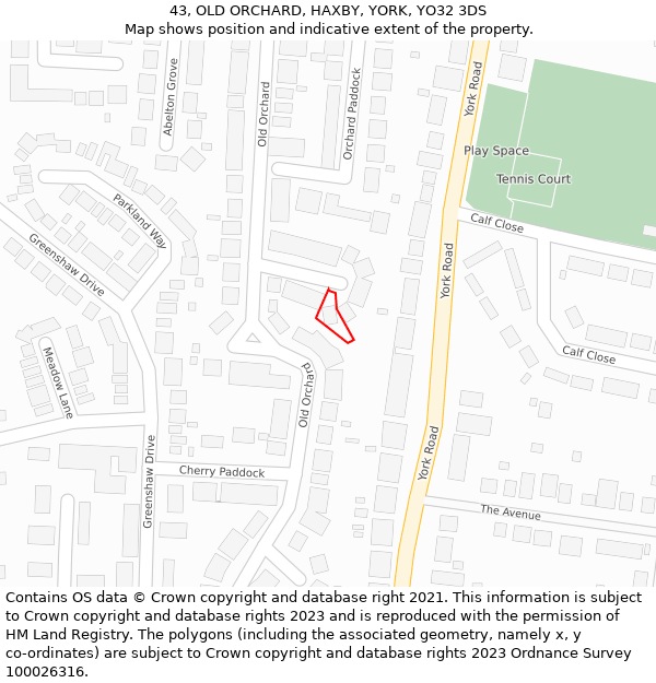 43, OLD ORCHARD, HAXBY, YORK, YO32 3DS: Location map and indicative extent of plot