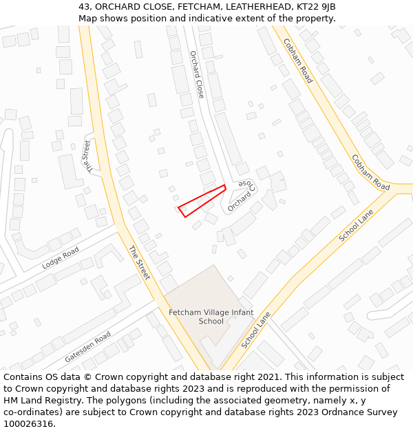 43, ORCHARD CLOSE, FETCHAM, LEATHERHEAD, KT22 9JB: Location map and indicative extent of plot