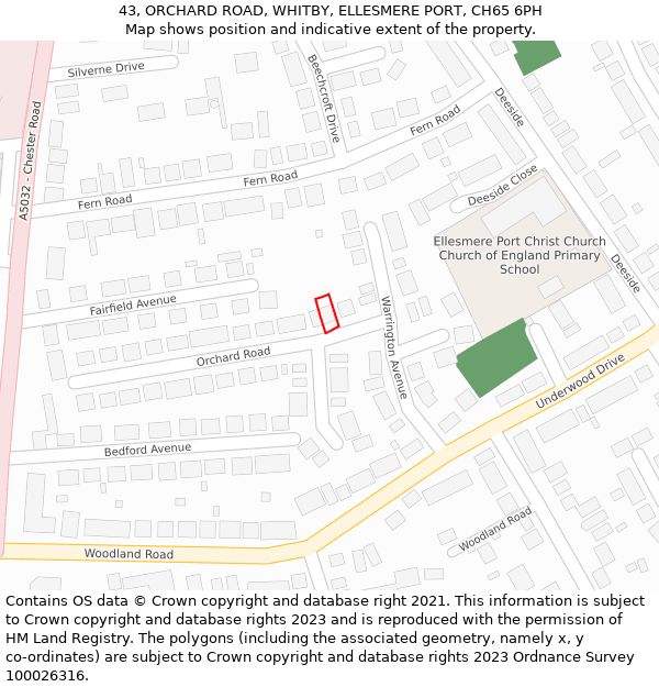 43, ORCHARD ROAD, WHITBY, ELLESMERE PORT, CH65 6PH: Location map and indicative extent of plot