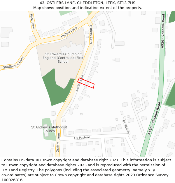 43, OSTLERS LANE, CHEDDLETON, LEEK, ST13 7HS: Location map and indicative extent of plot