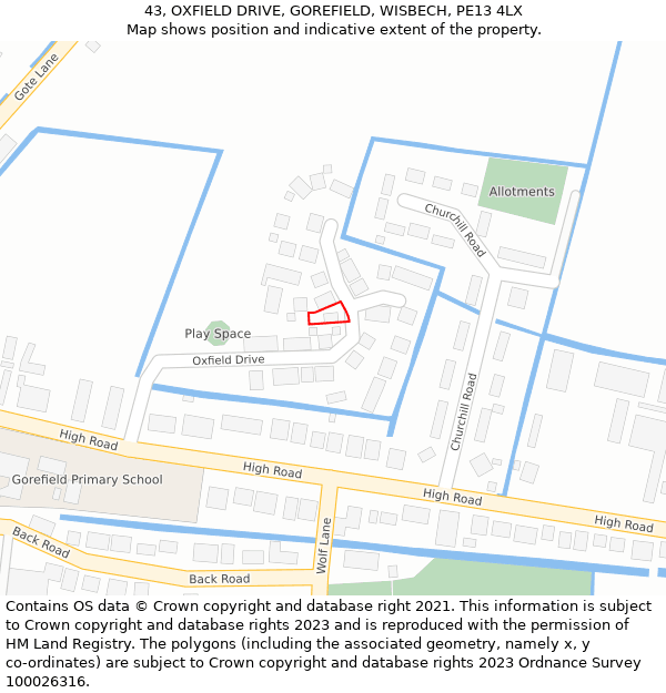 43, OXFIELD DRIVE, GOREFIELD, WISBECH, PE13 4LX: Location map and indicative extent of plot