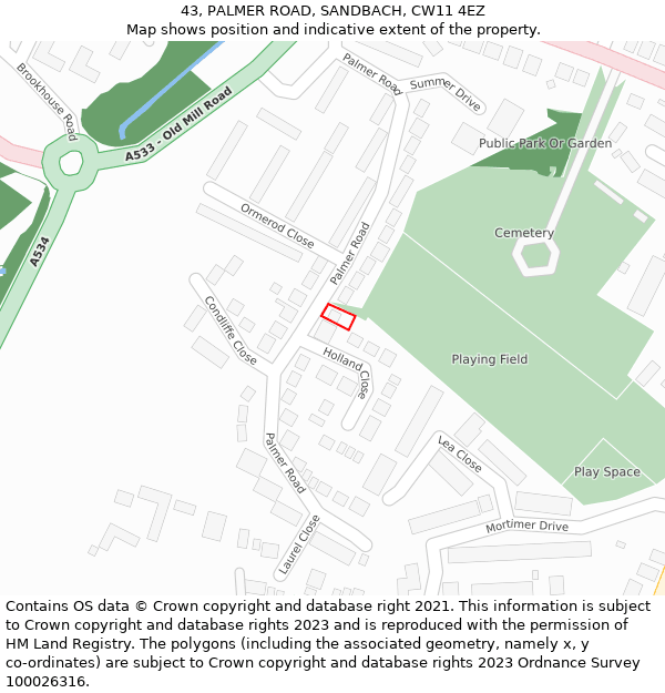 43, PALMER ROAD, SANDBACH, CW11 4EZ: Location map and indicative extent of plot